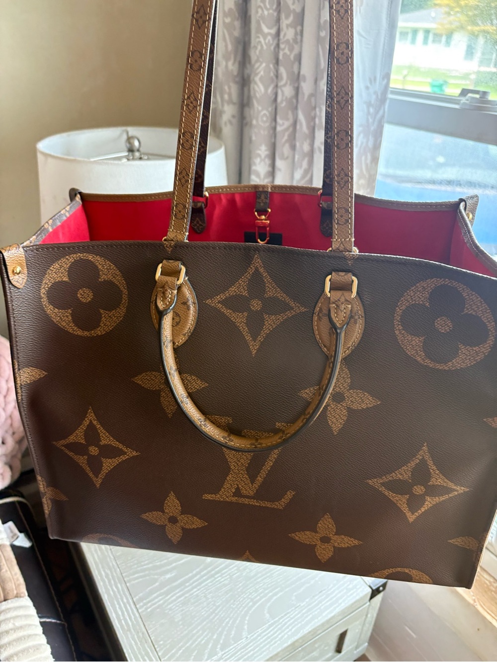 Louis Vuitton Brown Monogram OTG GM Reverse Tote with Red Interior.